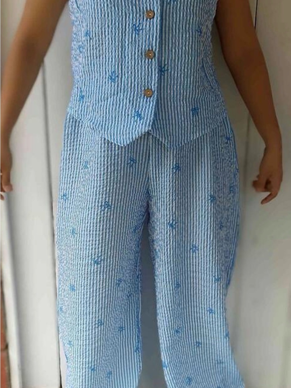 Women's Light Blue Striped Seersucker Pants - Brand